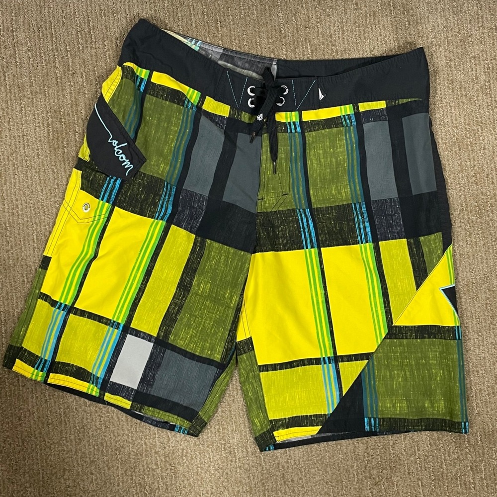 Volcom Y2K Vintage Board Shorts Mens 36 Multi Plaid Lace Up Surf Swim Trunks